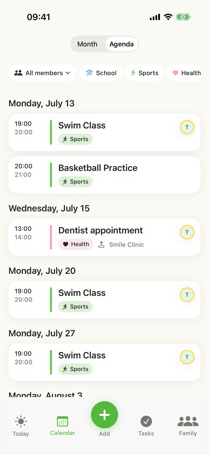 Yuvora agenda view listing family events like swim class, each tagged with a category and the family member attending