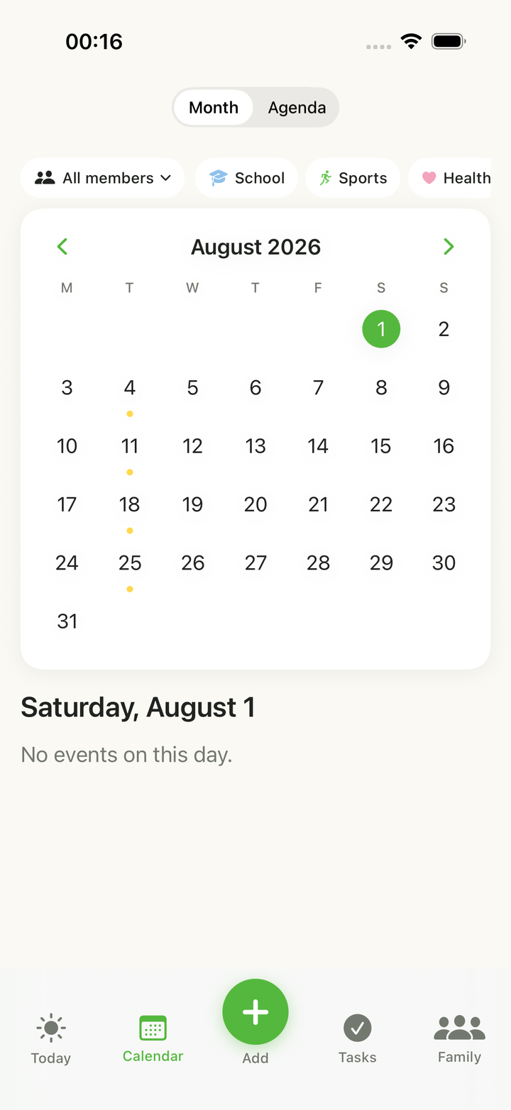 Yuvora app showing a shared family calendar for August 2026 with member and category filters