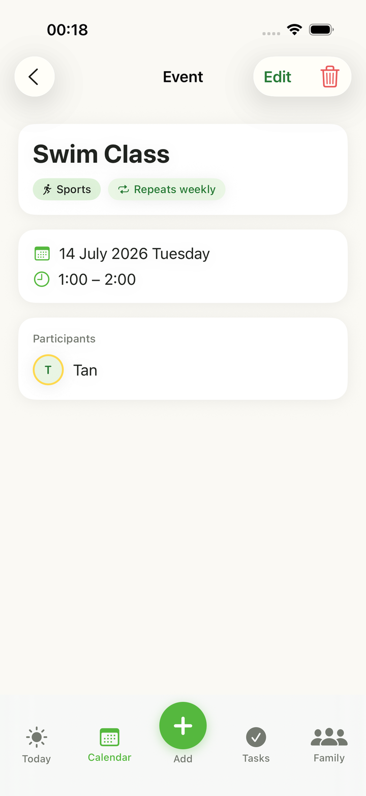 Yuvora event detail screen showing a weekly swim class with its schedule and participants