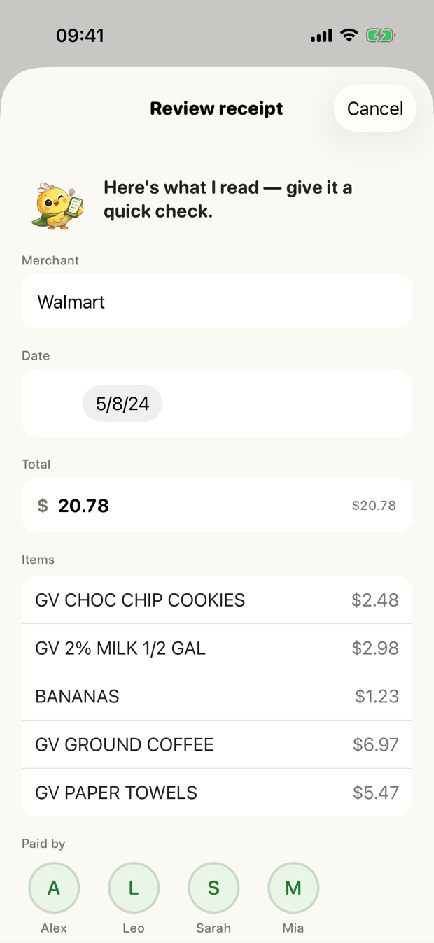 Yuvora receipt review screen showing merchant, total and itemized lines read from a photographed receipt