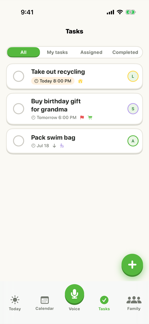 Yuvora tasks screen with chores assigned to family members and due dates