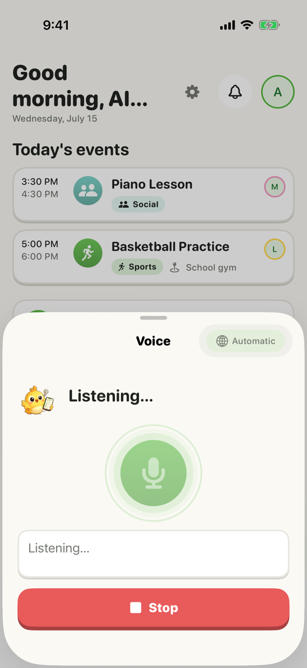 Yuvora voice screen listening, ready to turn a spoken command into an event, grocery item or expense